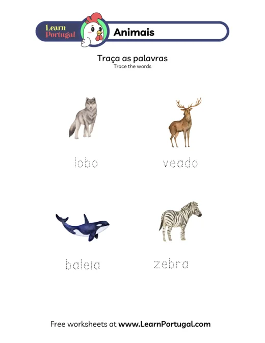 European Portuguese animal tracing worksheet preview