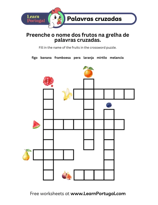 European Portuguese fruit crossword worksheet preview